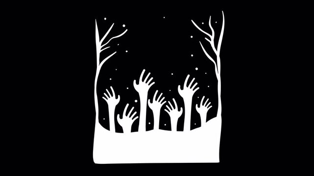 Spooky zombie hands rising from the ground in a dark haunted forest.