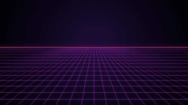 Retrowave 80s Style Neon Grid Perspective Background with Glowing Purple Laser Lines on Dark Horizon