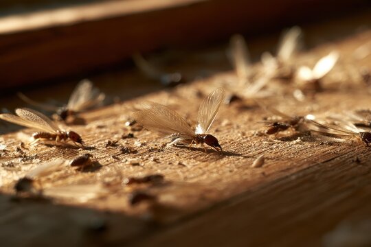 Macro photograph of winged termite alates swarming on a wooden floor