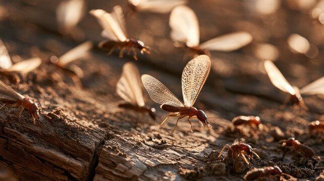 Macro photograph of winged termites swarming around weathered wood in natural daylight