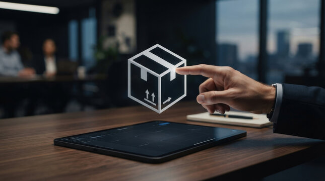 Businessman pointing at virtual box hologram representing package tracking and shipping logistics for modern e-commerce delivery.