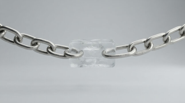 Clear ice block link holding heavy steel chain together symbolizes temporary connection or vulnerability on neutral studio backdrop.