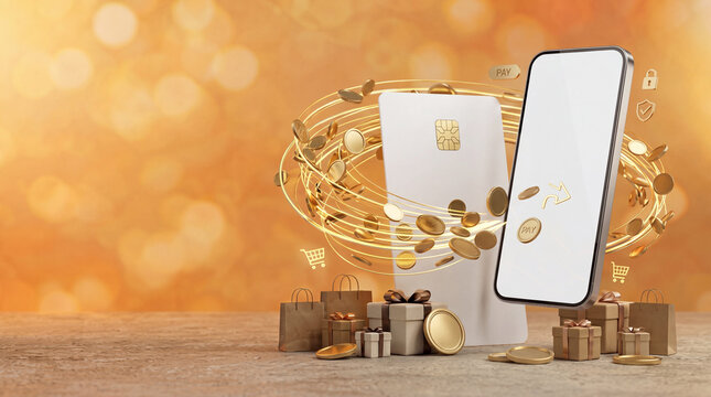 Premium 3D illustration of mobile banking and online shopping concept with smartphone, generic credit card, gold coins, and gift boxes on a warm bokeh background.