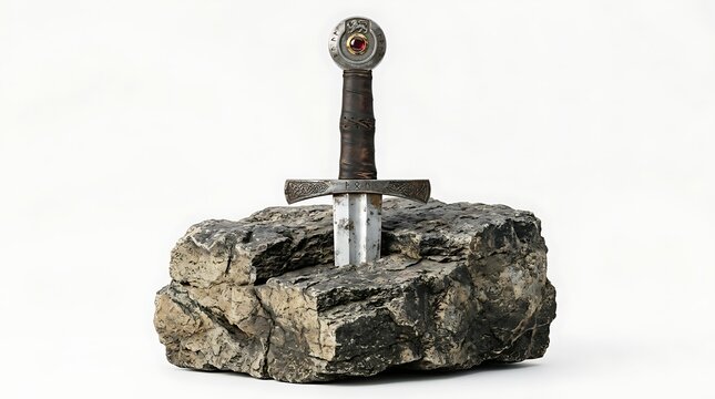 Medieval broadsword embedded in a stone isolated on a white background