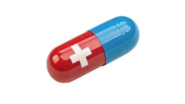 Medical capsule pill drug with red and blue halves isolated on transparent background