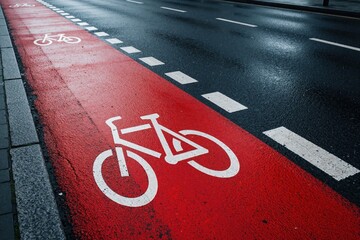 Obraz premium Red bicycle lane with white bike symbol on wet asphalt road. Urban street markings guide cyclists through city traffic. Safety infrastructure for active transport, eco mobility in modern town.