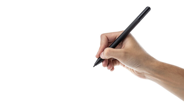 Close up of human hand holding black stylus pen writing drawing isolated on transparent background