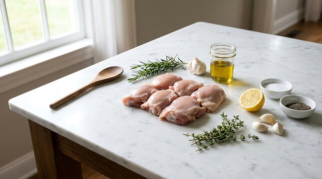 Raw chicken thighs prepared with pink marinade herbs and lemon on a modern kitchen counter top table. boneless chicken thigh