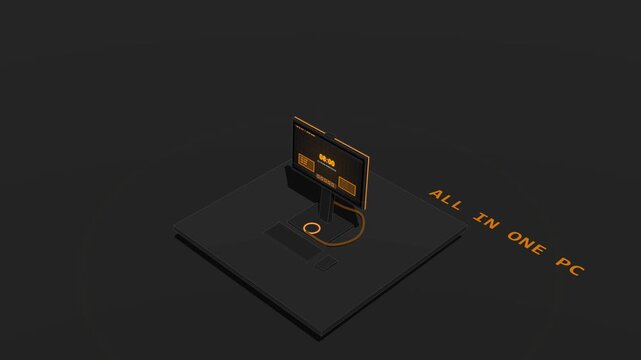 A dark isometric 3D All-in-One (AIO) PC powers on: the base button sends an orange signal up the cable, the widescreen display UI and rear RGB ambient lighting ignite, and the monitor mechanically til