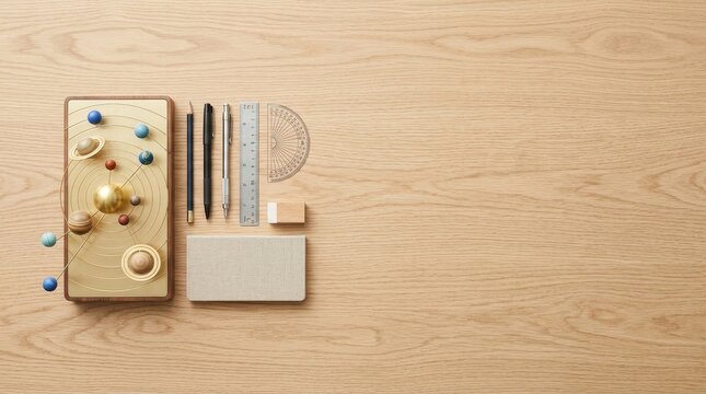 Neatly organized desk with solar system educational tools and wide copy space