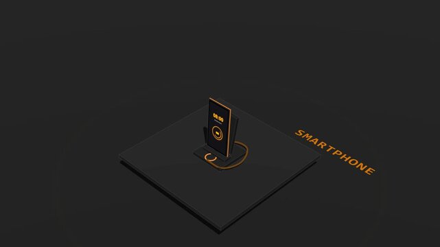 A dark isometric 3D smartphone powers on on its desktop dock: the base button sends an orange signal up the cable, the screen UI and edge RGB lighting ignite, and the phone mechanically tilts up into