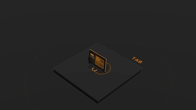 A dark isometric 3D tablet smartphone powers on on its desktop stand: the base button sends an orange signal up the cable, the widescreen tablet UI and ambient edge glow ignite, and the tablet mechani