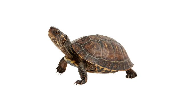 Small brown turtle walking macro detail reptile wildlife creature isolated on transparent background