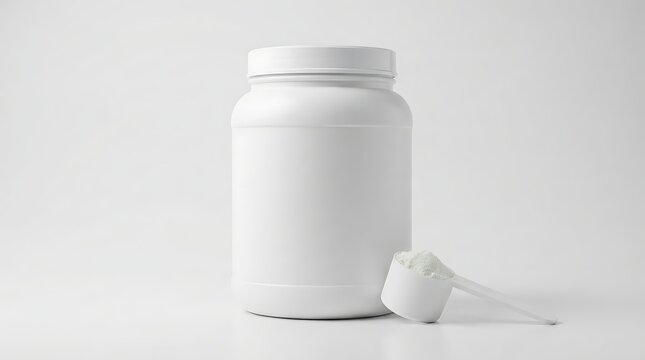Blank white protein powder tub with measuring scoop on a neutral background
