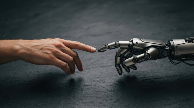 Human hand reaching toward robotic finger metallic texture black background artificial intelligence concept for future tech.