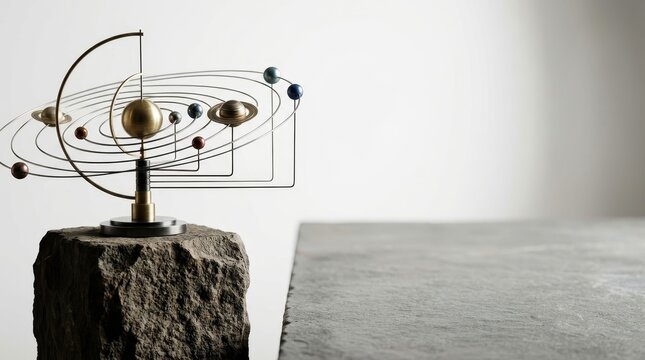 Handcrafted minimalist solar system sculpture on a stone pedestal with copy space
