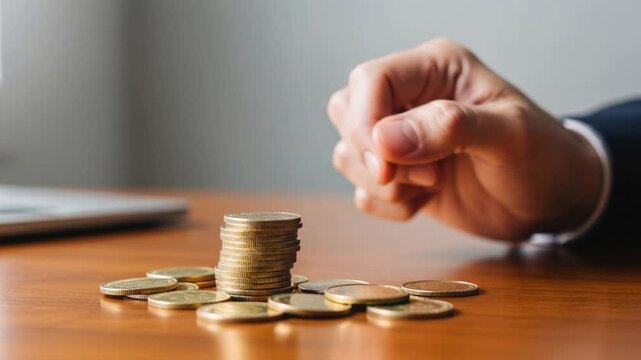 Hand stacking coins for savings and financial growth. Business investment and wealth management concept