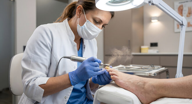Podiatrist or chiropodist cutting patient's toenail using nail nippers under a magnifying lamp in a clinic.