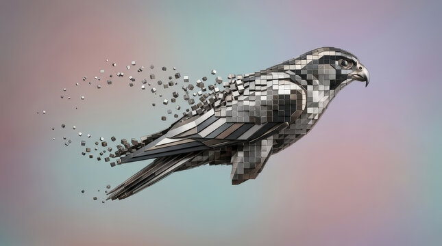 Metallic digital falcon bird dispersing into small cubes on abstract pastel background symbolizing data migration and modern technology.