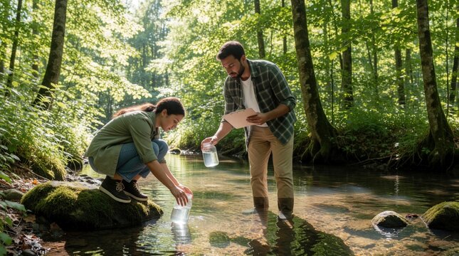 Male, female science students collect water samples in glass jars from forest stream. Young researchers perform ecology field study, water quality test in woodland. Group monitors river environment