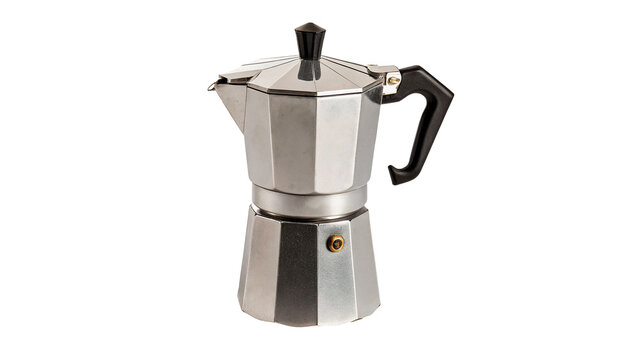 Classic metallic moka pot espresso coffee maker isolated on transparent background
