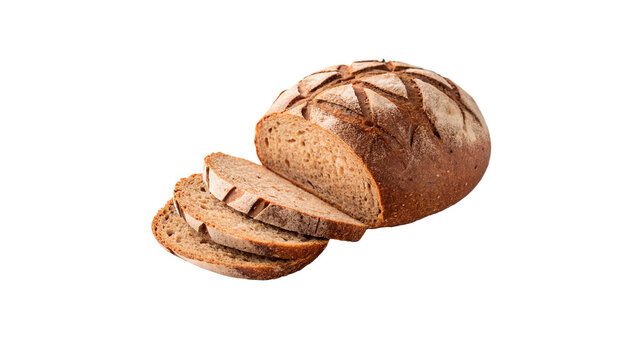 Freshly baked crusty loaf of artisanal bread sliced isolated on transparent background