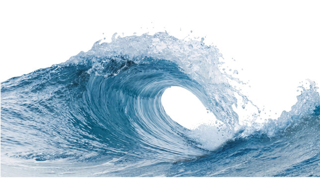 Curling ocean wave tube with white foam on isolated background