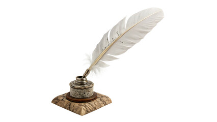Vintage writing quill feather pen sitting in inkwell isolated on transparent background © Freya