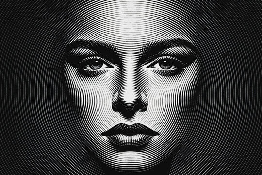 A monochrome stylized portrait of a woman created with concentric line engraving technique, featuring high contrast graphic art.