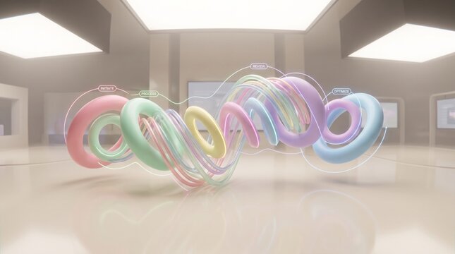 Colorful glowing toruses with workflow labels in modern studio space