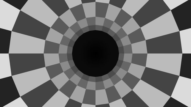 Black and White Checkered Tunnel Animation Loop Featuring Hypnotic Radial Distortion Motion Graphic