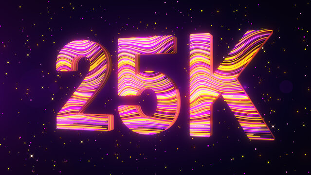 Large perspective view of a futuristic 3D 25K number featuring vibrant purple, yellow, and magenta flowing lines, luminous edges, and glowing particles against a dark cosmic background.