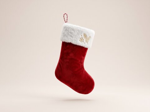 Traditional red velvet Christmas stocking with white faux fur trim, festive holiday decoration isolated on neutral background, classic xmas sock