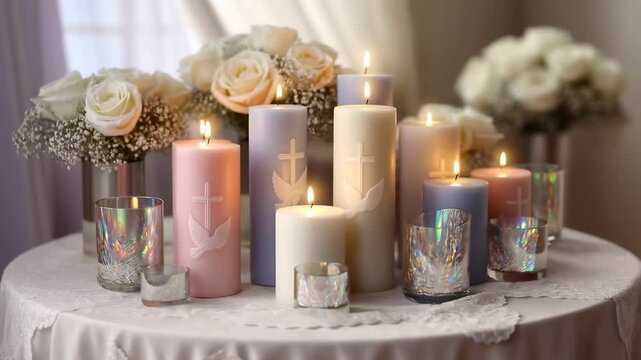 Candles and floral arrangement displayed on round table with soft lighting with video collection lit