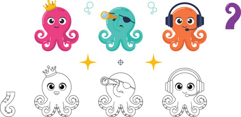 Obraz premium Cute Octopus Vector Character Set with Matching Line Art Coloring Book Pages Featuring Pirate King and Gamer Octopuses for Kids Activity Designs