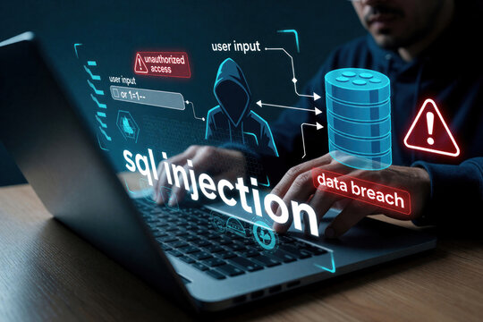 Man uses laptop for SQL injection cyber attack. Malicious hacker performs unauthorized access to database via code injection. Digital screen shows data breach warning, security vulnerability, system