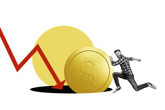 Composite photo collage of silly businessman run hole arrow bankruptcy recession coin inflation trap isolated on painted background