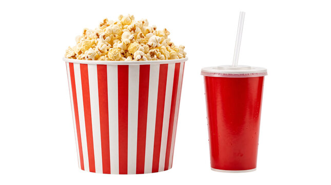 Red and white striped popcorn bucket with on isolated background