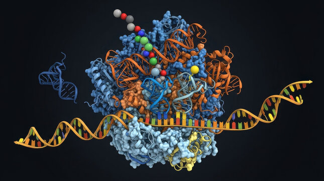 Ribosome translating messenger rna into polypeptide chain of amino acids depicting cellular protein synthesis process.