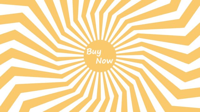 Animated sunburst radial background with white radiating rays rotating in seamless loop showing promotional buy now circle button in center of vibrant abstract motion graphic design.