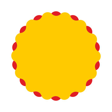 Yellow scalloped circle badge with red dots around the perimeter isolated on transparent background