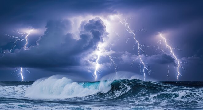 A powerful storm rages across the open ocean, featuring massive dark clouds, jagged lightning bolts, and turbulent waves crashing wildly, turbulent, powerful, crashing