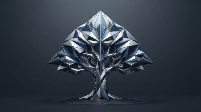 Stylized metallic silver and blue geometric tree sculpture modern decorative ornament for interior design and creative displays.
