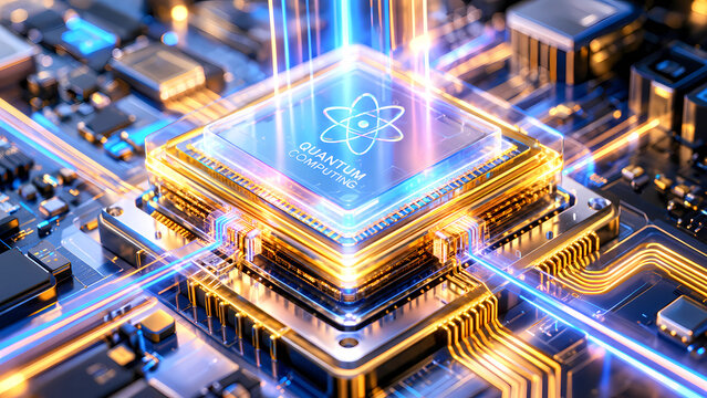 Close up 3D render of futuristic quantum computing processor chip with glowing golden circuits