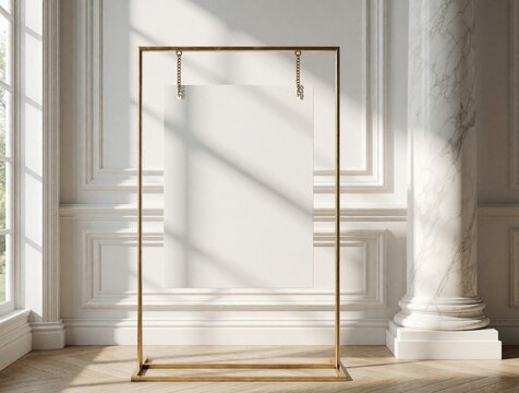 Blank white wedding welcome sign hangs on gold metal frame easel. Minimalist vertical board mockup in luxury interior with marble column, sun shadows. Empty template for seating chart event