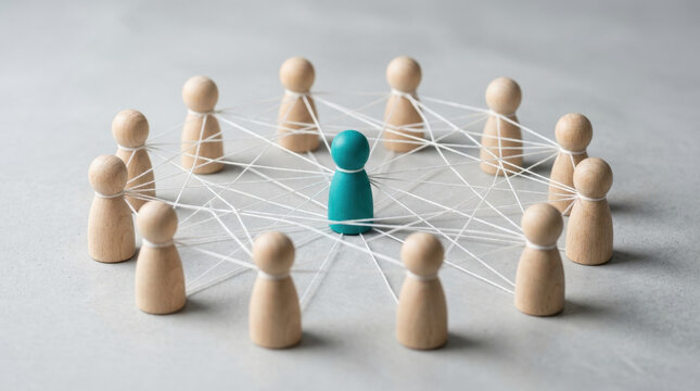 Teal wooden person figurine standing at center of circular network connected to surrounding wooden peers by fine threads.