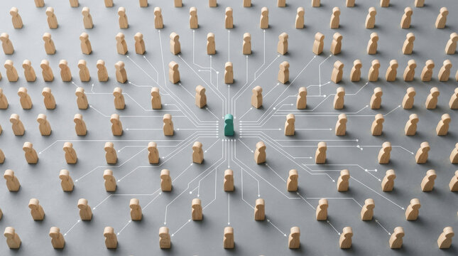 Teal central figure linked to vast network of wooden pieces via digital lines illustrating scalable leadership and global growth.
