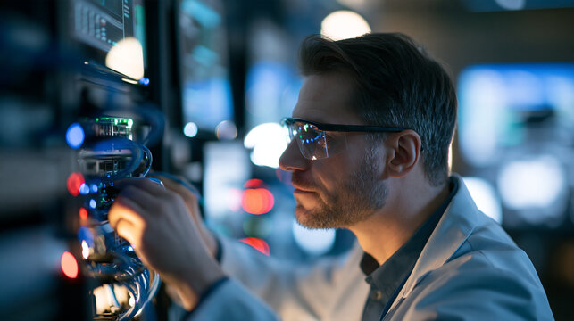 Faceless young male technician in a lab coat and safety glasses installing components in a server rack surrounded by glowing monitors and cables, with copy space