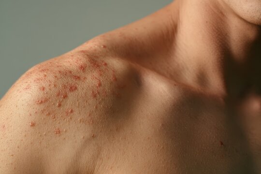 Medical close-up of vesicular herpes zoster lesions on adult male skin