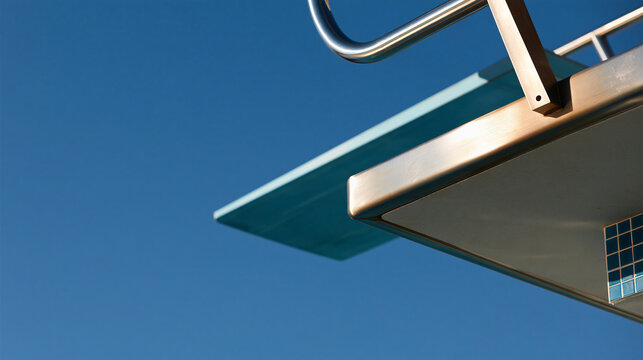 View of a diving board against a blue sky, sport concept, public plunge pool setting, with copy space
